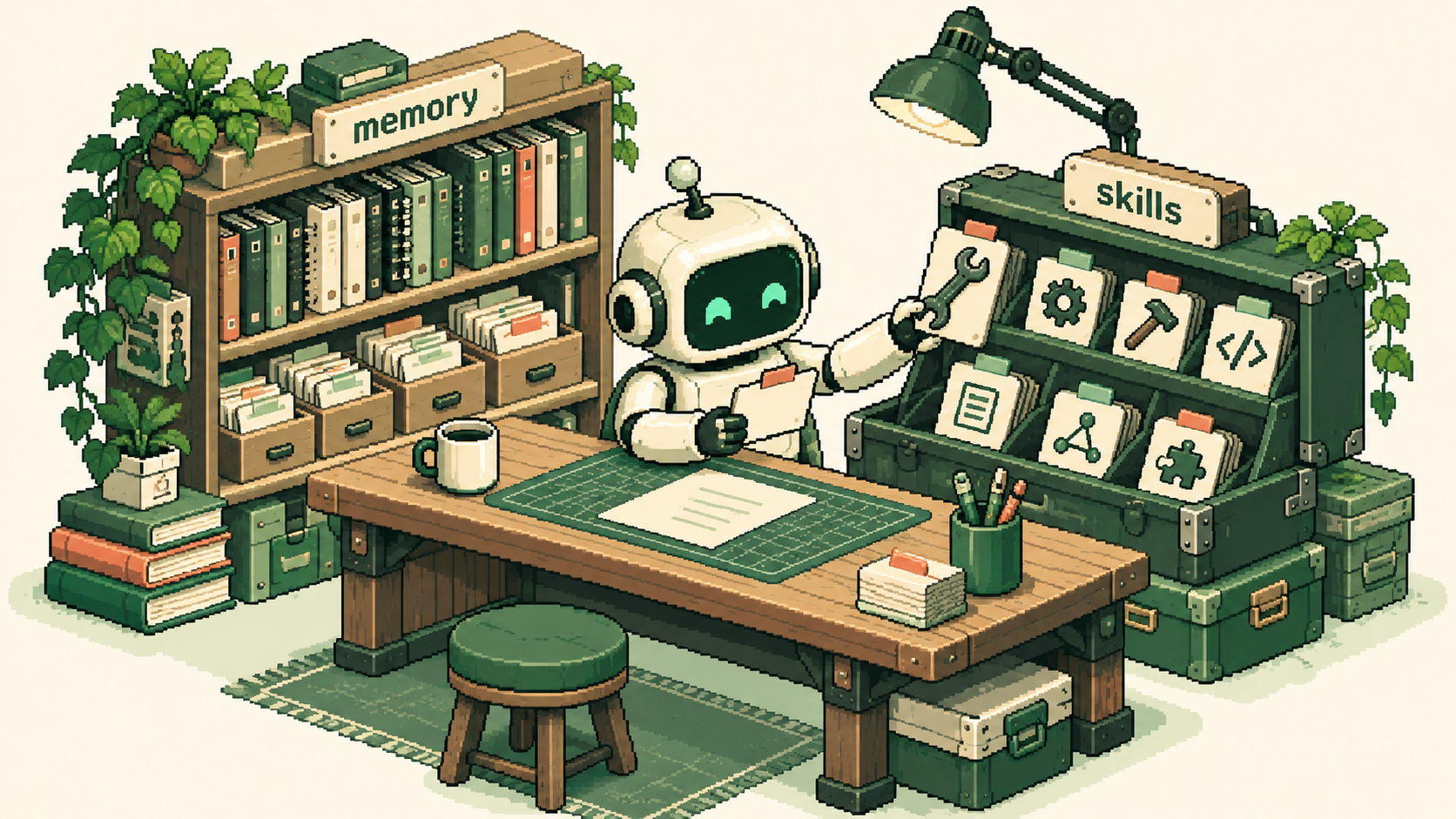A pixel robot organizing role-specific memory and reusable skill cards.